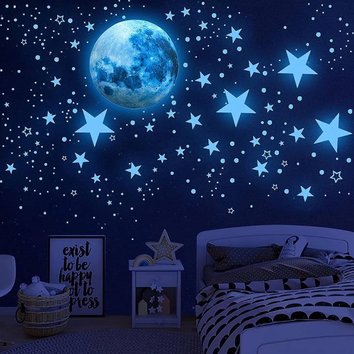 1008Pcs Glow In The Dark Stars, Glow In The Dark Moon For Ceiling Planets Space Wall Stickers Solar System Galaxy Wall Decals For Kids Boys Bedroom Living Room Decoration -Blue