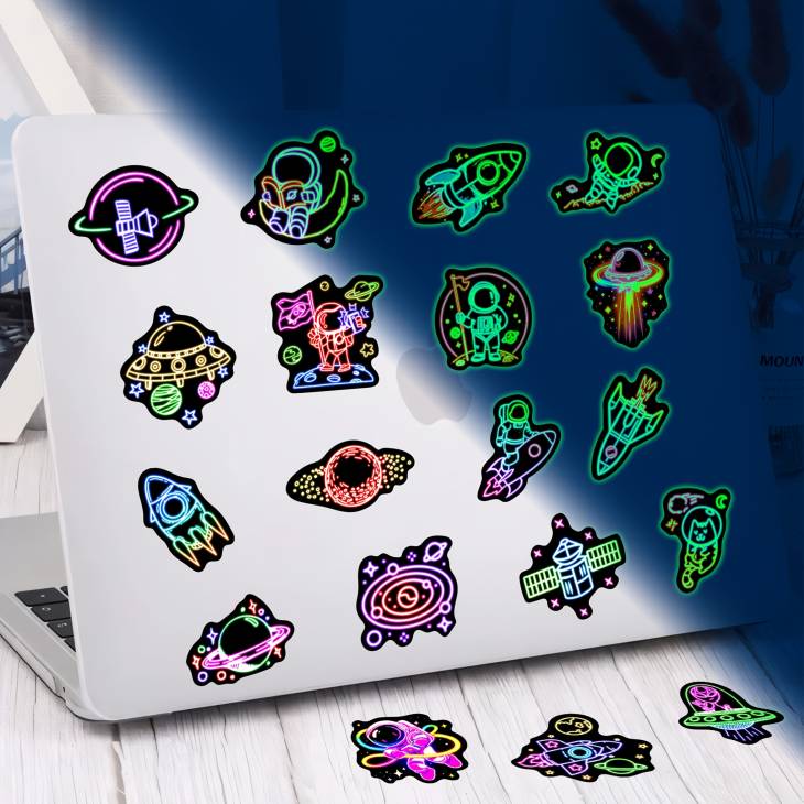 50pcs Neon Astronaut Glow in The Dark Vinyl Stickers, Reusable Waterproof Space-Themed Decals for Laptops, Water Bottles, Classic Cartoon Style, Irregular Shapes, Self-Adhesive for Teens, Students, Adults - Image 3