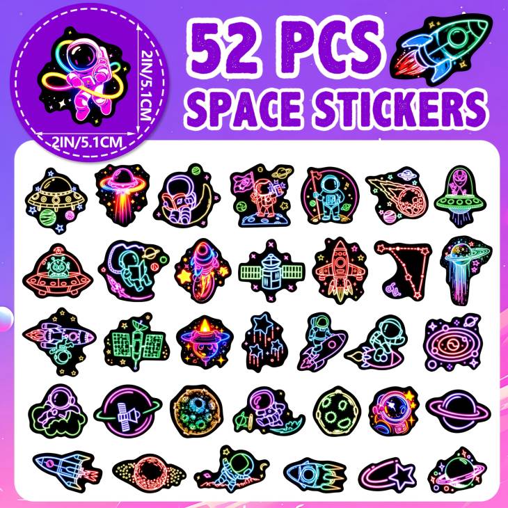 50pcs Neon Astronaut Glow in The Dark Vinyl Stickers, Reusable Waterproof Space-Themed Decals for Laptops, Water Bottles, Classic Cartoon Style, Irregular Shapes, Self-Adhesive for Teens, Students, Adults - Image 2