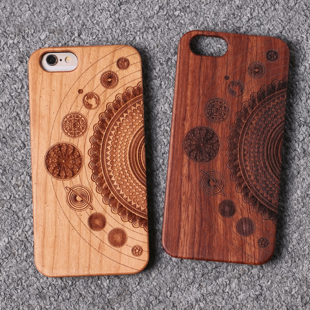 Space Planets Carved Bamboo Wood Hard Phone Case