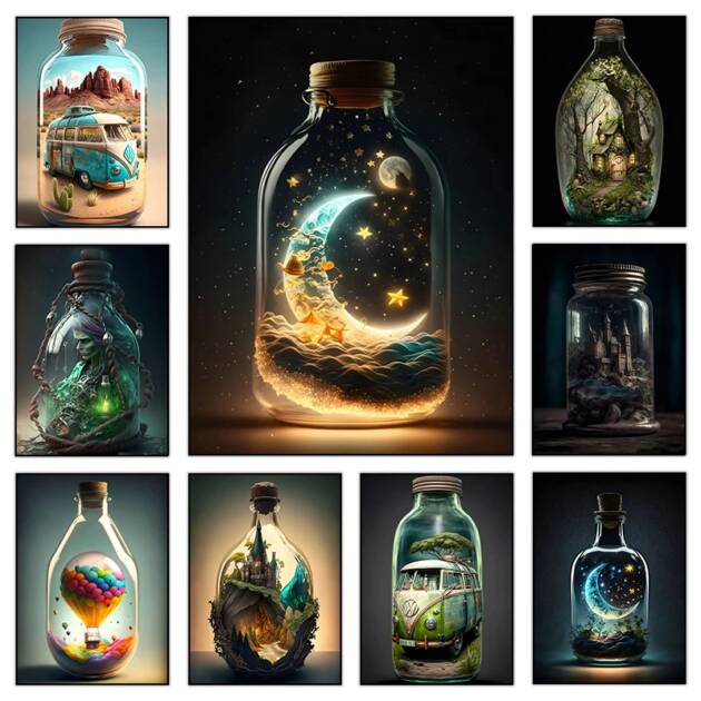 Modern Hot Air Balloon House in Bottle Canvas Printed Mural Pop Poster Art Ideal Living Room Bedroom Home Decor Pictures Cuadros