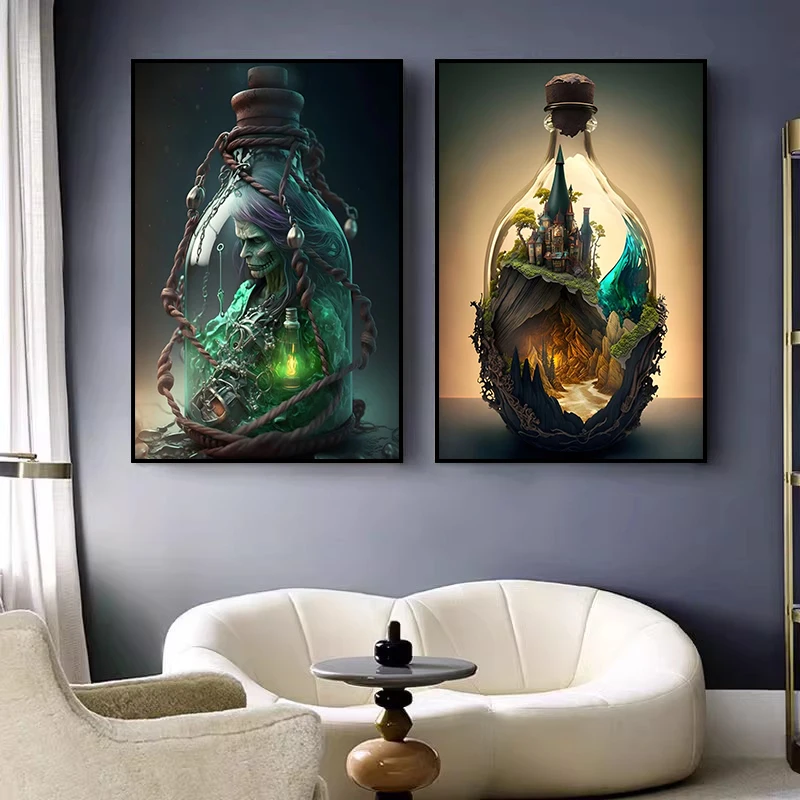 Modern Hot Air Balloon House in Bottle Canvas Printed Mural Pop Poster Art Ideal Living Room Bedroom Home Decor Pictures Cuadros