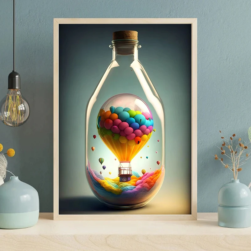 Modern Hot Air Balloon House in Bottle Canvas Printed Mural Pop Poster Art Ideal Living Room Bedroom Home Decor Pictures Cuadros