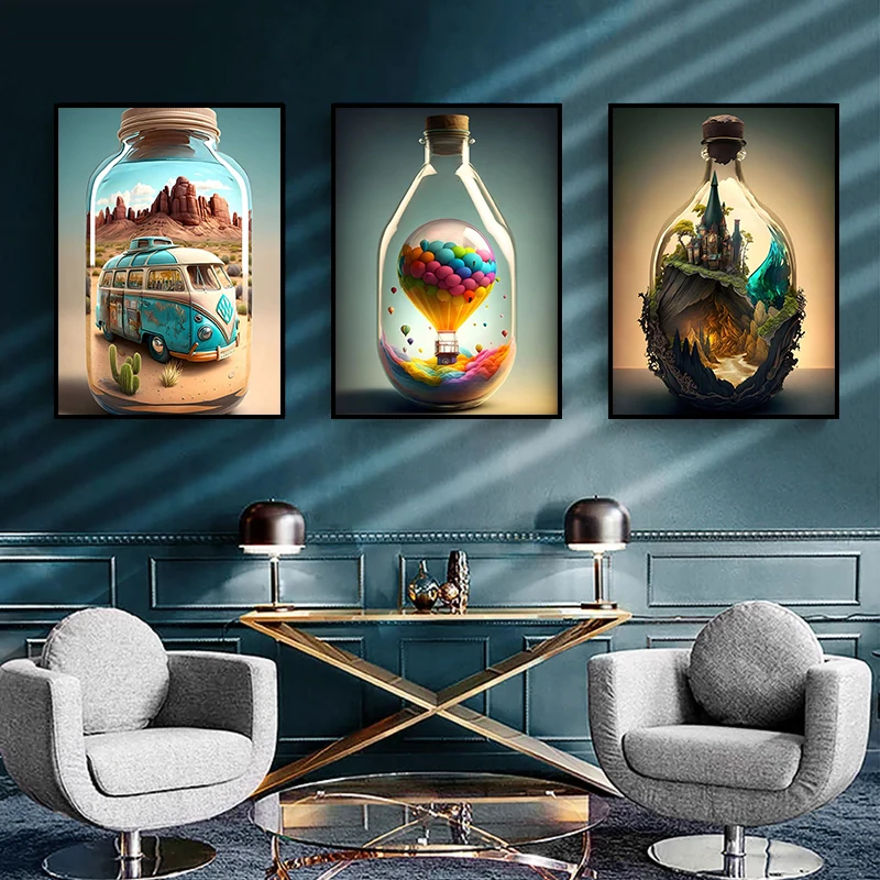 Modern Hot Air Balloon House in Bottle Canvas Printed Mural Pop Poster Art Ideal Living Room Bedroom Home Decor Pictures Cuadros