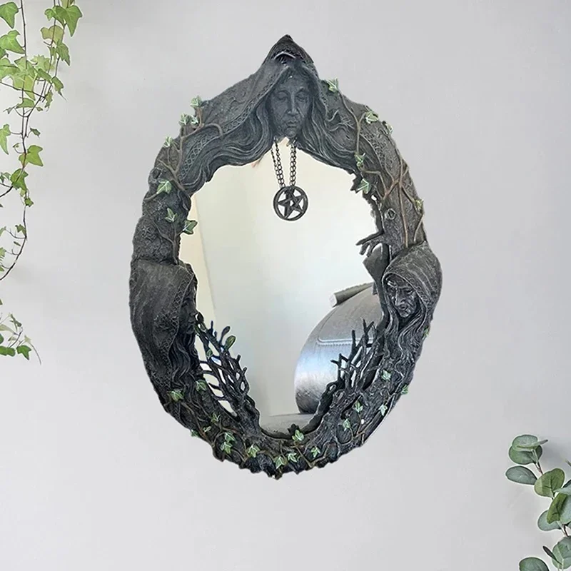 Celtic Sacred Moon Triple Goddess Mother Maiden Crone Wall Hanging Mirror With Pentagram Amulet Pendant Plaque Decor