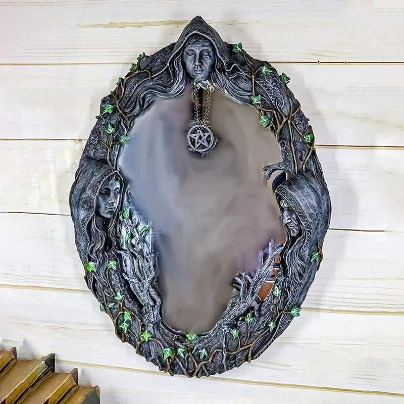 Celtic Sacred Moon Triple Goddess Mother Maiden Crone Wall Hanging Mirror With Pentagram Amulet Pendant Plaque Decor