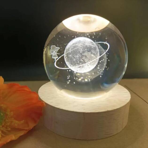 6cm Crystal Ball 3D Glass Ornaments Solar System Luminous Wooden Base Home Decoration Christmas Gift Night Light Crystal Light