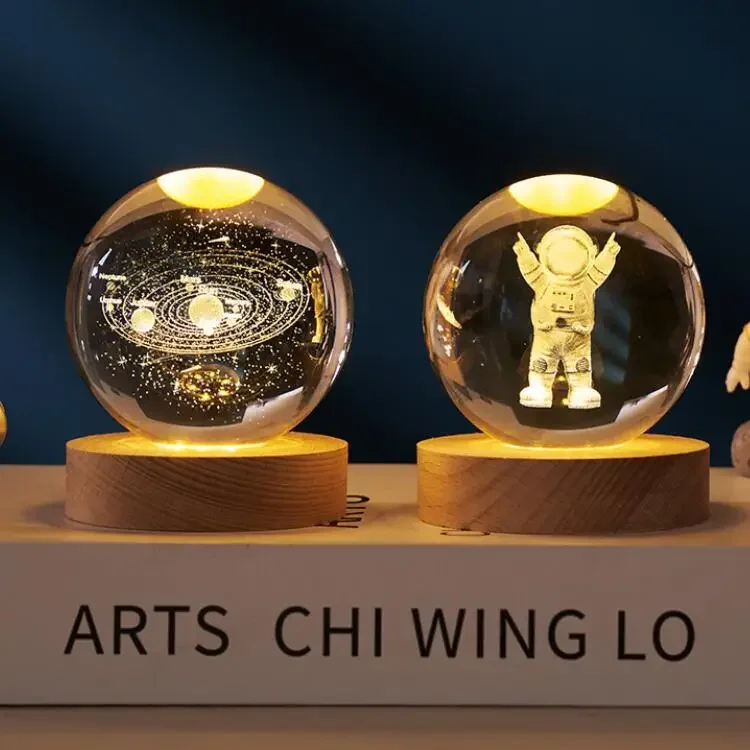 6cm 3D Crystal Ball Glass Ball Planet Earth Wooden Base Solar System Galaxy Astronomy Birthday Gift Home Desktop Decoration