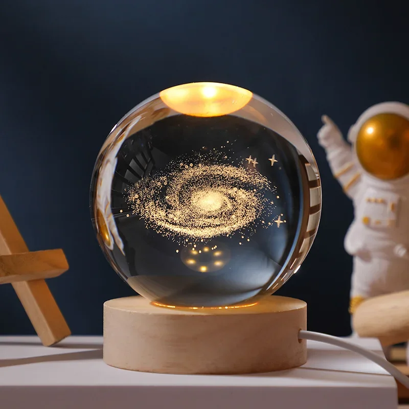 6cm 3D Crystal Ball Glass Ball Planet Earth Wooden Base Solar System Galaxy Astronomy Birthday Gift Home Desktop Decoration