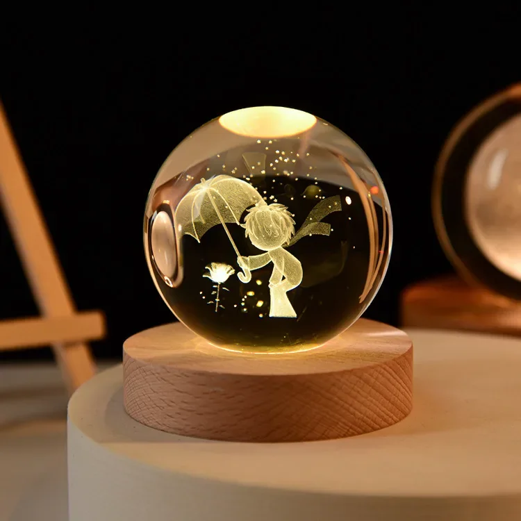 6cm 3D Crystal Ball Glass Ball Planet Earth Wooden Base Solar System Galaxy Astronomy Birthday Gift Home Desktop Decoration