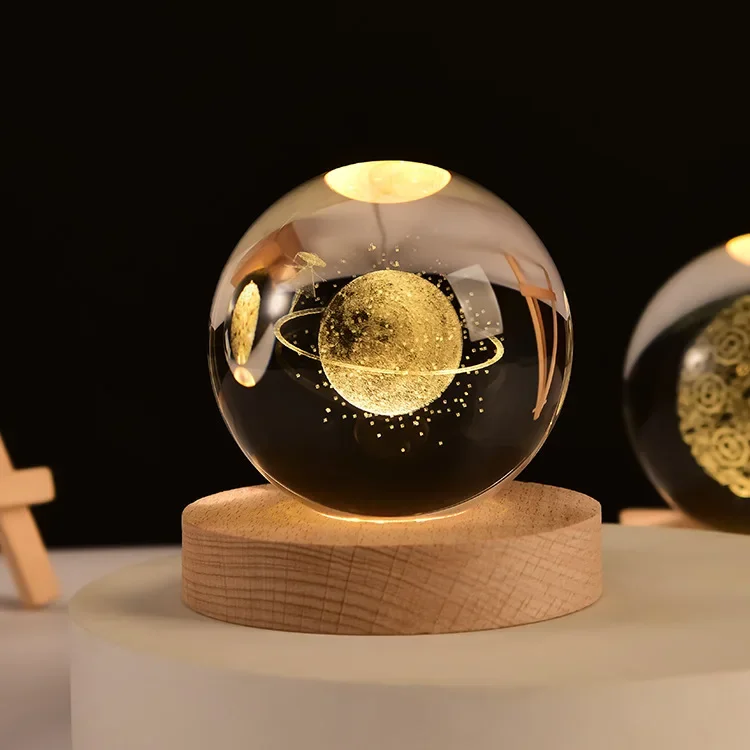 6cm 3D Crystal Ball Glass Ball Planet Earth Wooden Base Solar System Galaxy Astronomy Birthday Gift Home Desktop Decoration