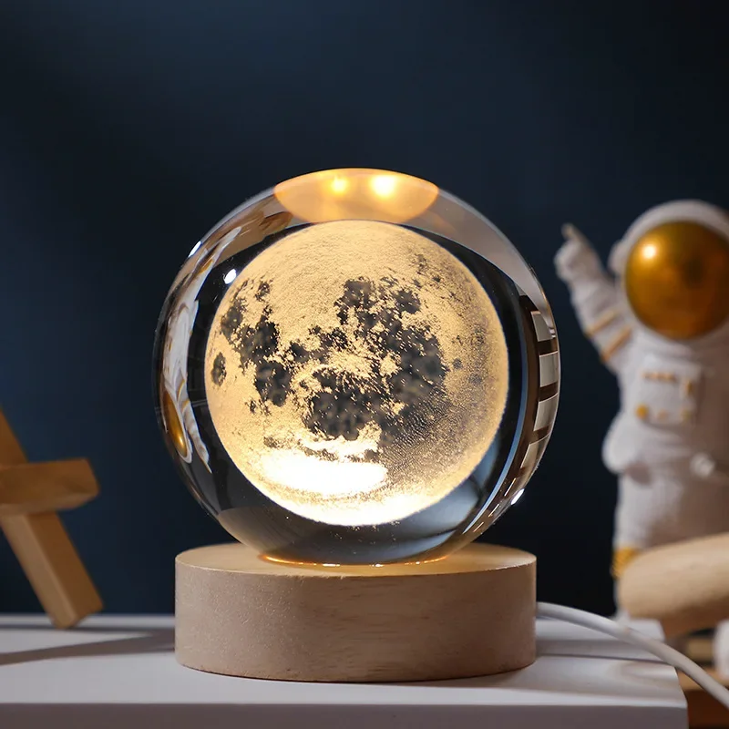 6cm 3D Crystal Ball Glass Ball Planet Earth Wooden Base Solar System Galaxy Astronomy Birthday Gift Home Desktop Decoration