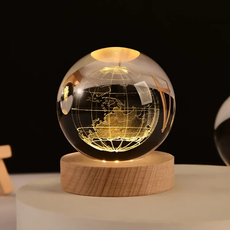 6cm 3D Crystal Ball Glass Ball Planet Earth Wooden Base Solar System Galaxy Astronomy Birthday Gift Home Desktop Decoration