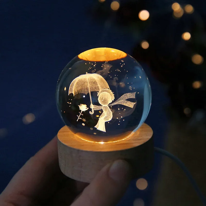 6cm 3D Crystal Ball Glass Ball Planet Earth Wooden Base Solar System Galaxy Astronomy Birthday Gift Home Desktop Decoration