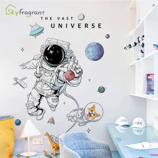 Creative Space Astronaut Dog Wall Stickers For Kids Rooms Child Boy Bedroom Wall Decor Self Adhesive Vinyl Sticker Wallpapers