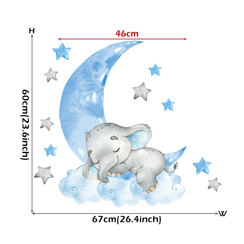 1PC Cartoon Cute Sleeping Elephant Wall Sticker for Blue Moon Cloud Stars Kids Room Kindergarten Home Decoration PVC