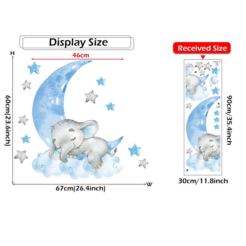 1PC Cartoon Cute Sleeping Elephant Wall Sticker for Blue Moon Cloud Stars Kids Room Kindergarten Home Decoration PVC