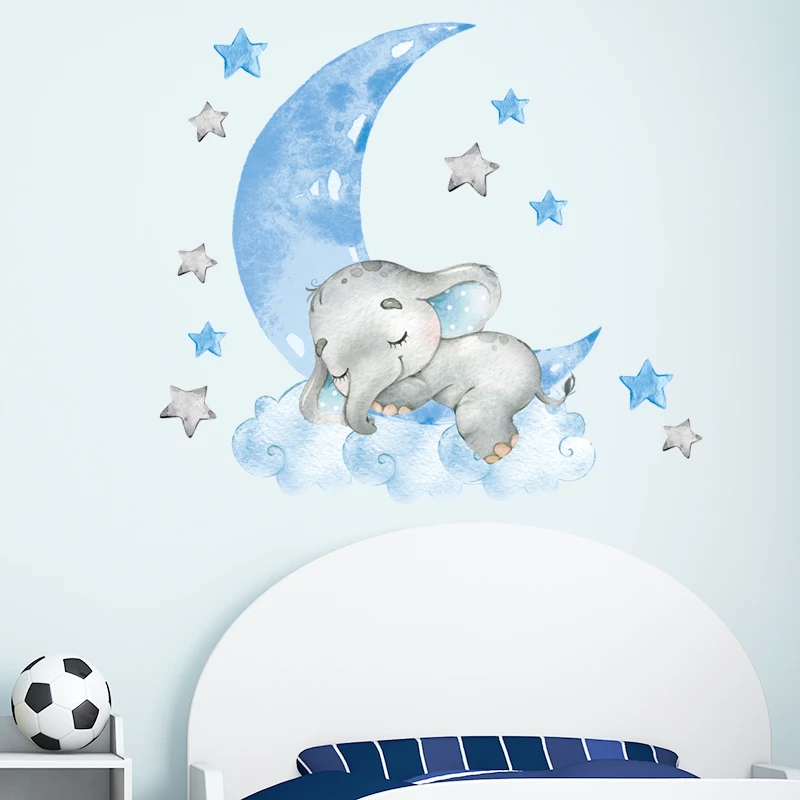 1PC Cartoon Cute Sleeping Elephant Wall Sticker for Blue Moon Cloud Stars Kids Room Kindergarten Home Decoration PVC