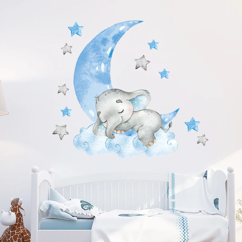 1PC Cartoon Cute Sleeping Elephant Wall Sticker for Blue Moon Cloud Stars Kids Room Kindergarten Home Decoration PVC