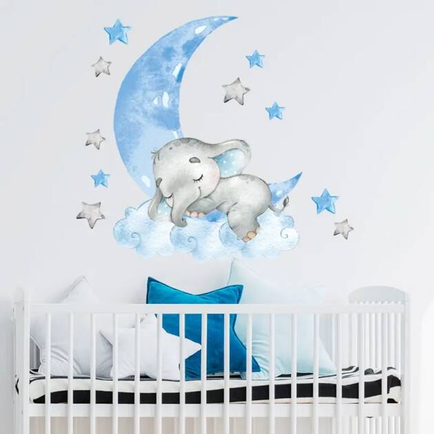 1PC Cartoon Cute Sleeping Elephant Wall Sticker for Blue Moon Cloud Stars Kids Room Kindergarten Home Decoration PVC
