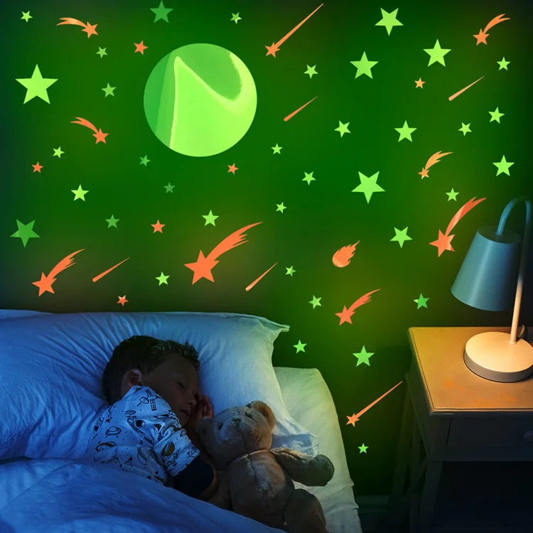 Colorful Luminous Stars Moon Wall Stickers For Kids Room Bedroom Decoration Home Decals Glow In The Dark Background Decor Mural