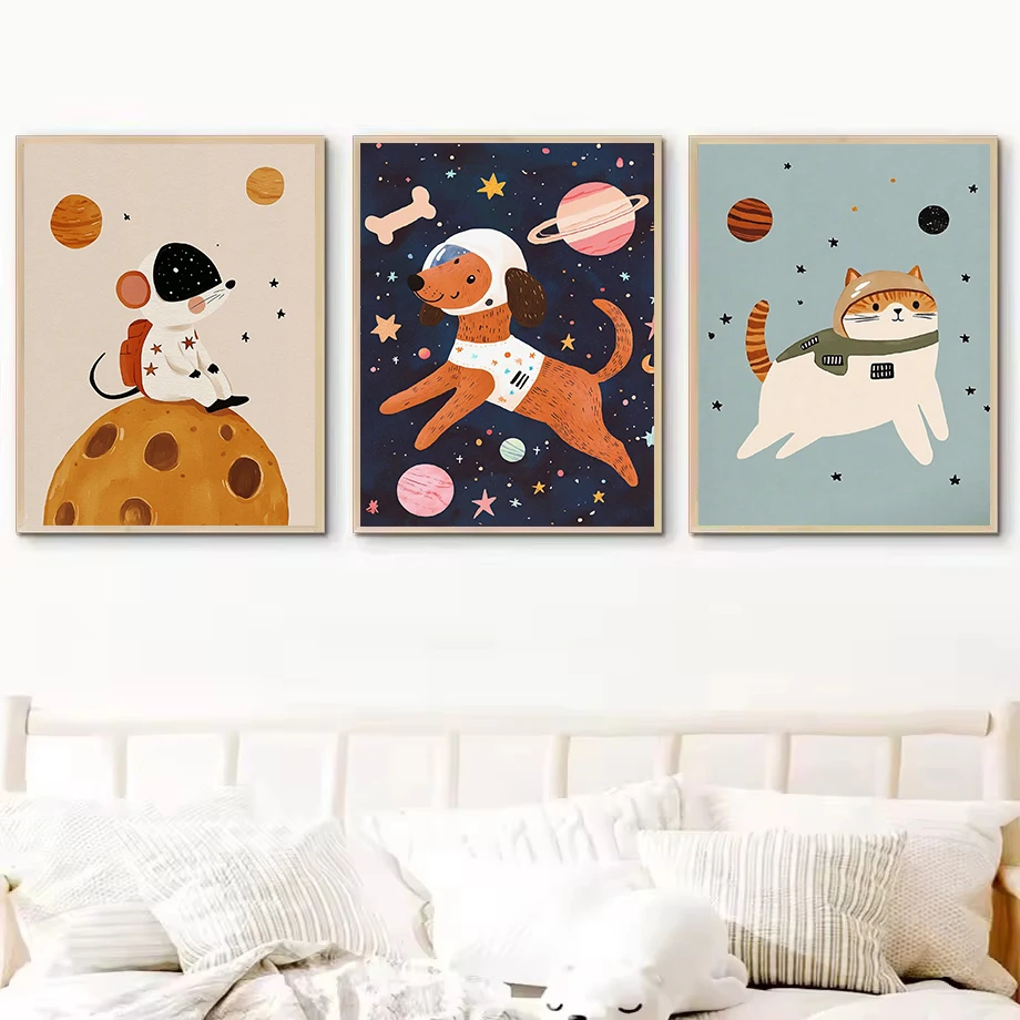 Nordic Cartoon Outer Space Astronaut Animal's Adventure Nursery Poster Canvas Painting Wall Art Picture Home Kid's Room Decor