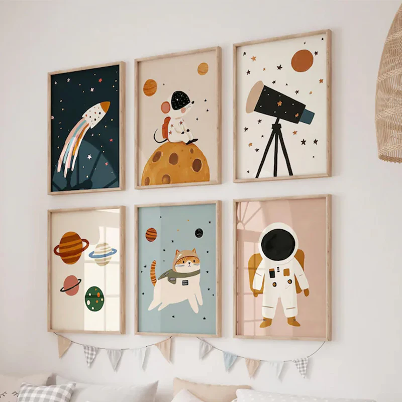 Nordic Cartoon Outer Space Astronaut Animal's Adventure Nursery Poster Canvas Painting Wall Art Picture Home Kid's Room Decor
