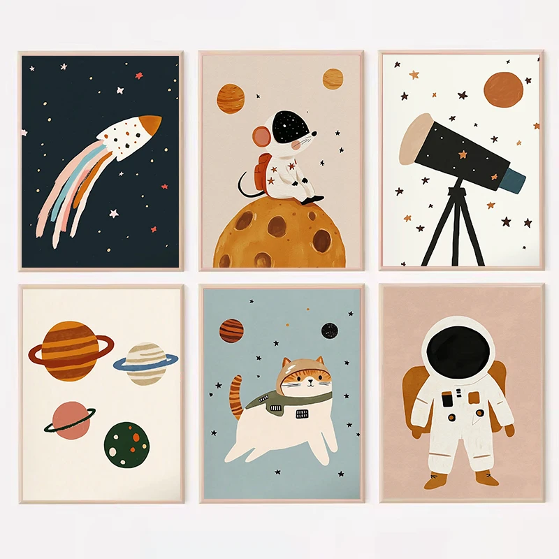 Nordic Cartoon Outer Space Astronaut Animal's Adventure Nursery Poster Canvas Painting Wall Art Picture Home Kid's Room Decor