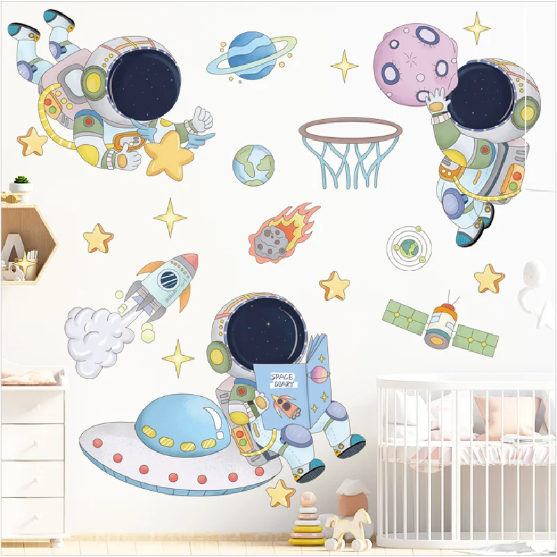 3D Creative Planetary Astronauts Wall Sticker Home Decor Cartoon Kids Room Bedroom Period Print Decal Mural Art Sky Poster Gift