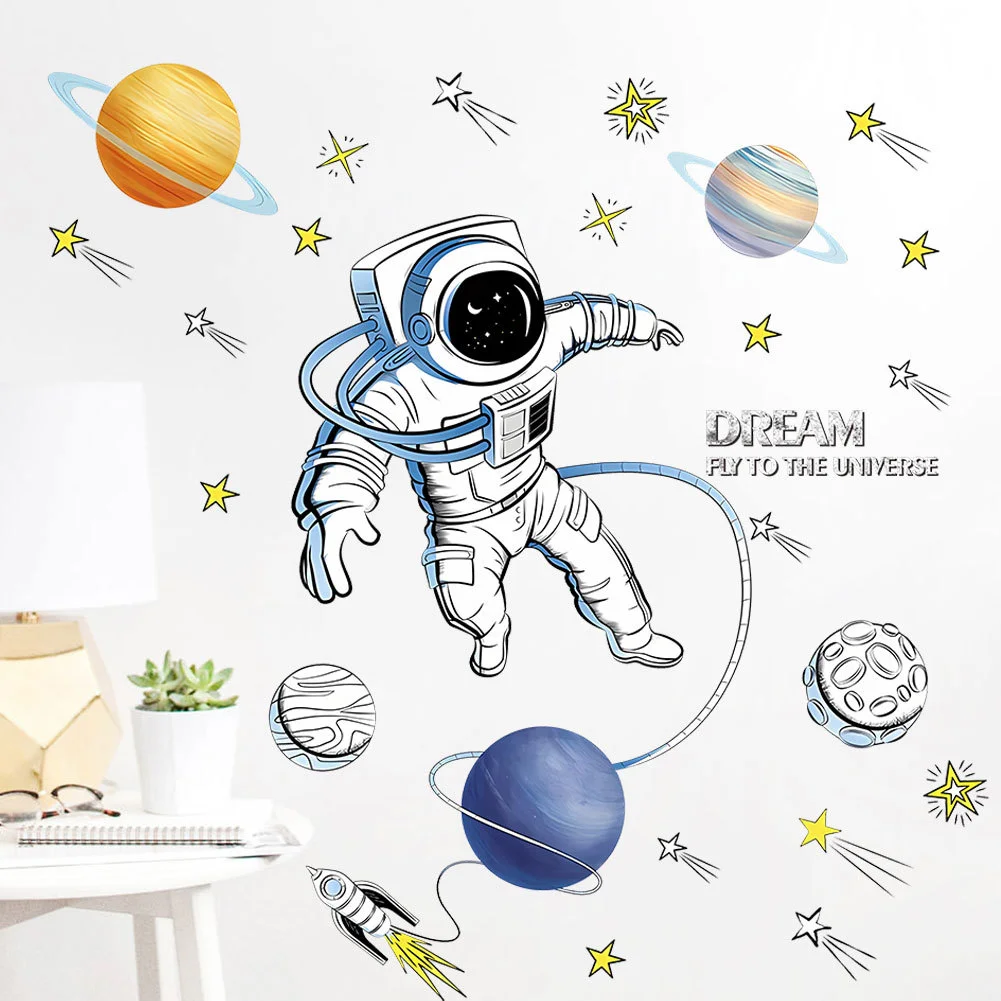 3D Creative Planetary Astronauts Wall Sticker Home Decor Cartoon Kids Room Bedroom Period Print Decal Mural Art Sky Poster Gift