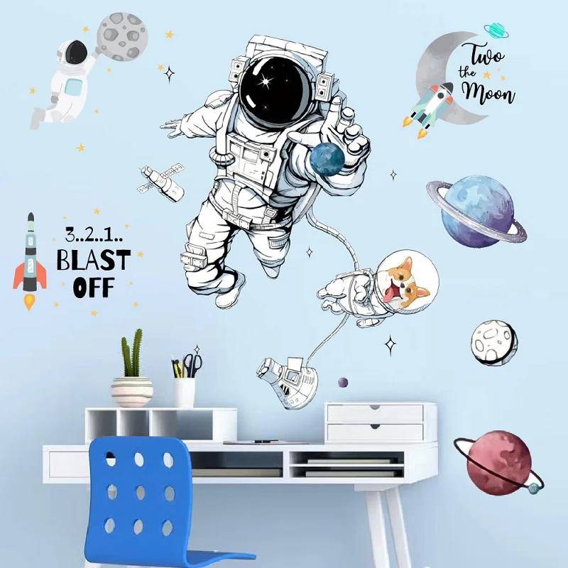 3D Creative Planetary Astronauts Wall Sticker Home Decor Cartoon Kids Room Bedroom Period Print Decal Mural Art Sky Poster Gift