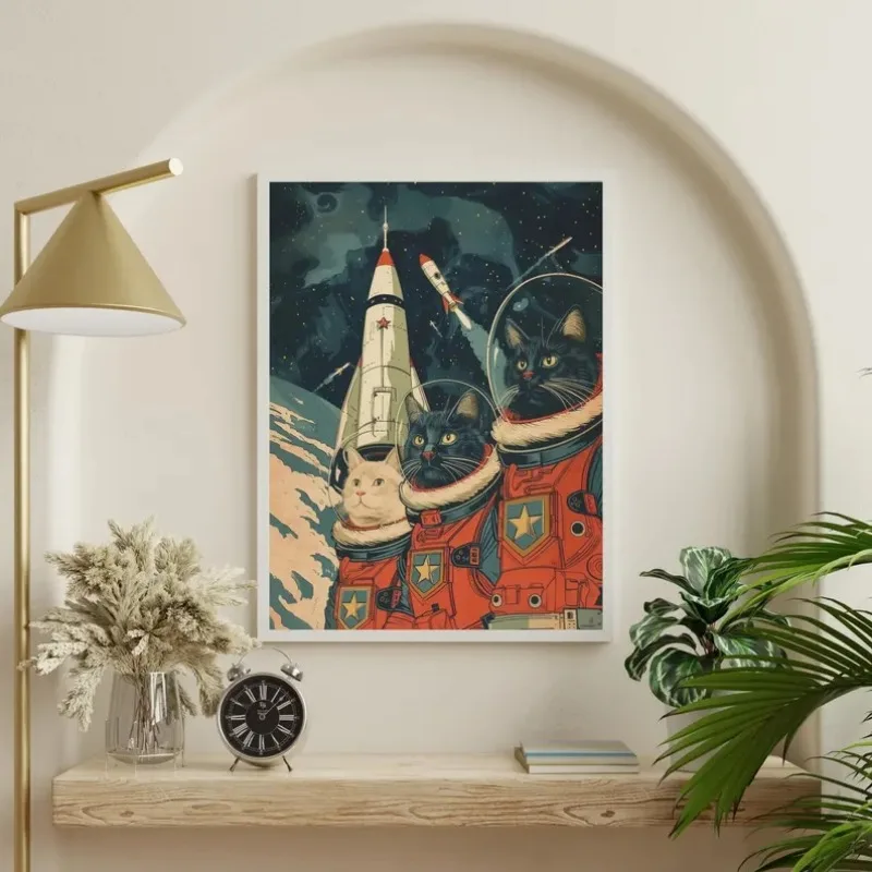 Vintage Space Astronaut Cats Poster Surrealism Vaporwave Retro Futuristic Funny Animal Canvas Painting Wall Art Room Home Decor