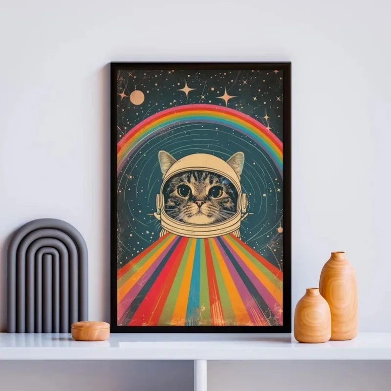 Vintage Space Astronaut Cats Poster Surrealism Vaporwave Retro Futuristic Funny Animal Canvas Painting Wall Art Room Home Decor
