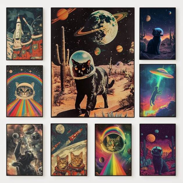 Vintage Space Astronaut Cats Poster Surrealism Vaporwave Retro Futuristic Funny Animal Canvas Painting Wall Art Room Home Decor