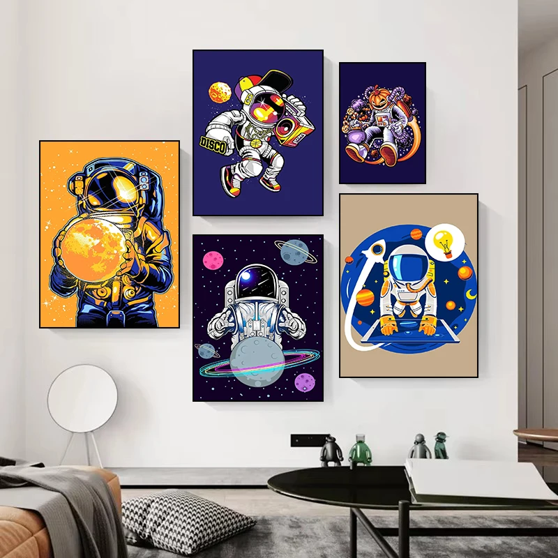 Cartoon Astronaut Cool Posture Space Walk Posters and Prints Wall Art Picture for Living Room Home Decor Gifts Canvas Painting