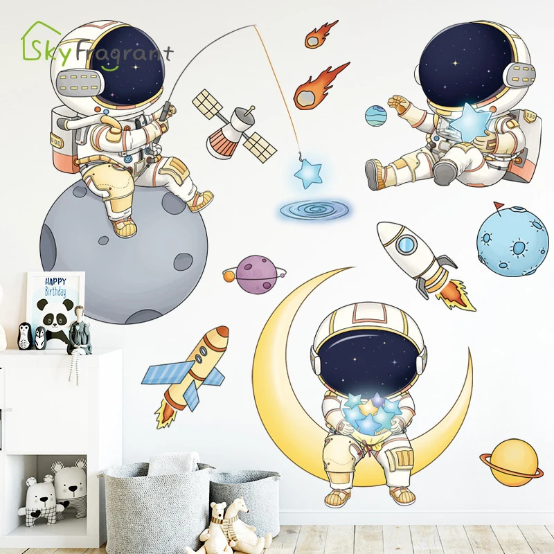 Cartoon Astronaut Wall Stickers For Kids Rooms Creative Outer Space Child Bedroom Self-adhesive Home Wall Decor Vinyl Sticker - Image 2