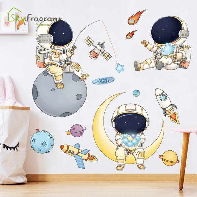 Cartoon Astronaut Wall Stickers For Kids Rooms Creative Outer Space Child Bedroom Self-adhesive Home Wall Decor Vinyl Sticker