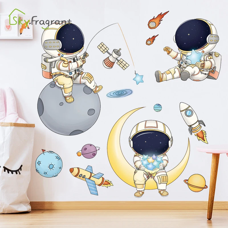 Cartoon Astronaut Wall Stickers For Kids Rooms Creative Outer Space Child Bedroom Self-adhesive Home Wall Decor Vinyl Sticker