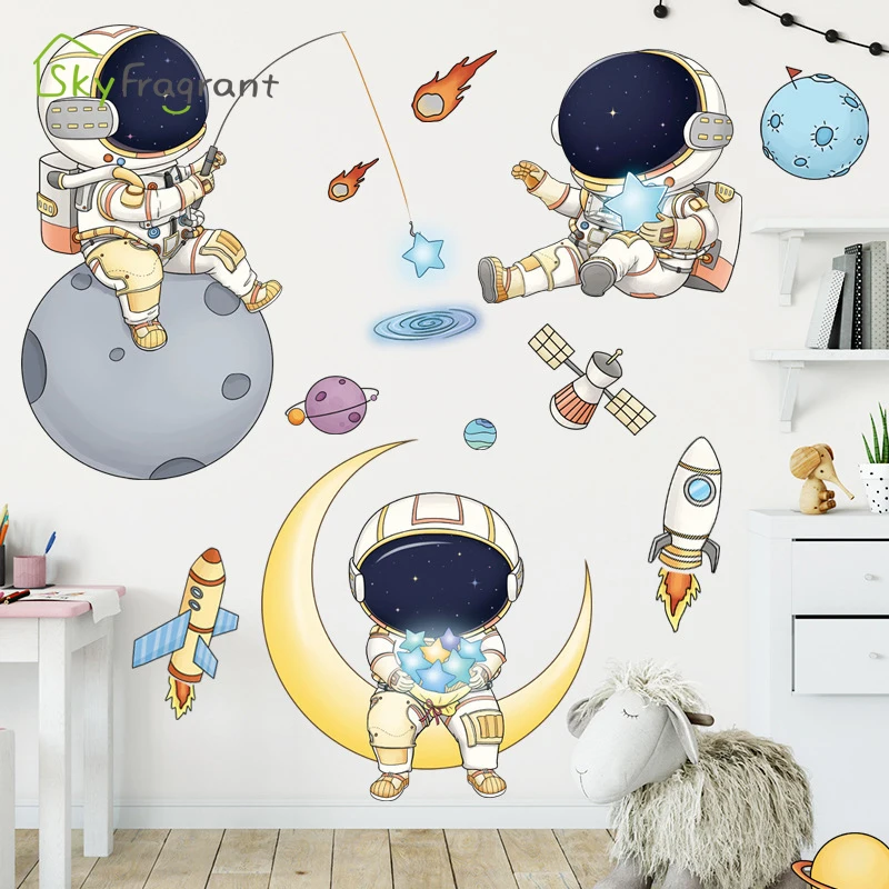 Cartoon Astronaut Wall Stickers For Kids Rooms Creative Outer Space Child Bedroom Self-adhesive Home Wall Decor Vinyl Sticker - Image 4