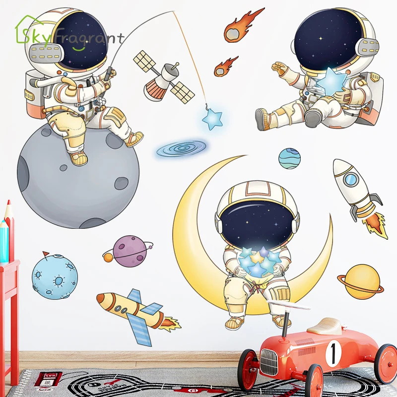 Cartoon Astronaut Wall Stickers For Kids Rooms Creative Outer Space Child Bedroom Self-adhesive Home Wall Decor Vinyl Sticker - Image 3