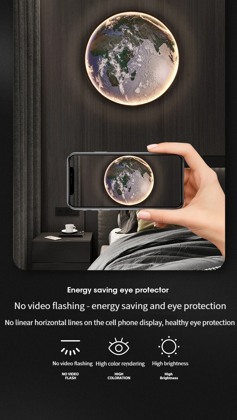 Home decor earth mural LED lamp Modern Moon Wall Sconce Black round Ceiling Light Living Room Bedroom stair aisle Mood Luminaire