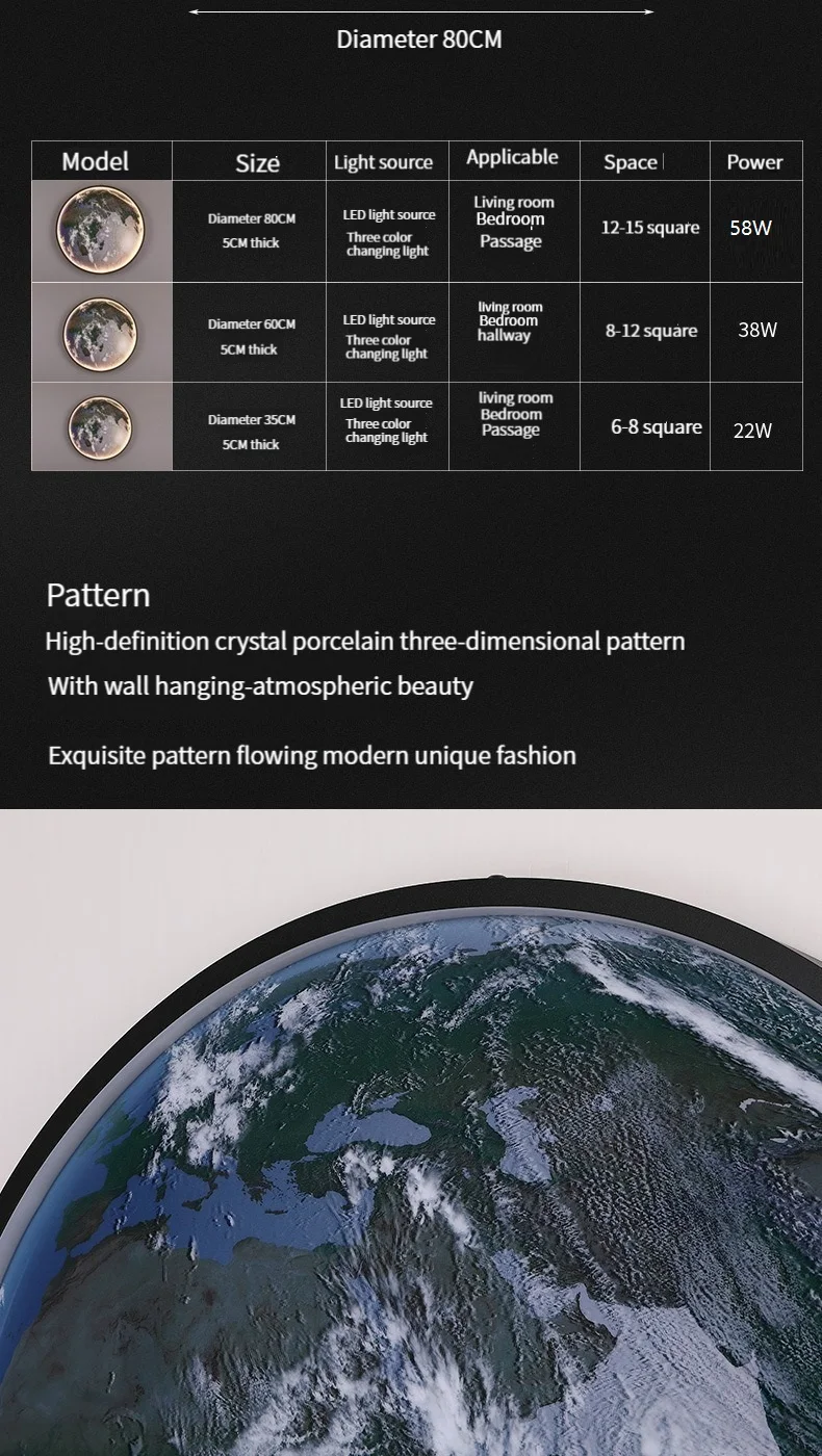 Home decor earth mural LED lamp Modern Moon Wall Sconce Black round Ceiling Light Living Room Bedroom stair aisle Mood Luminaire