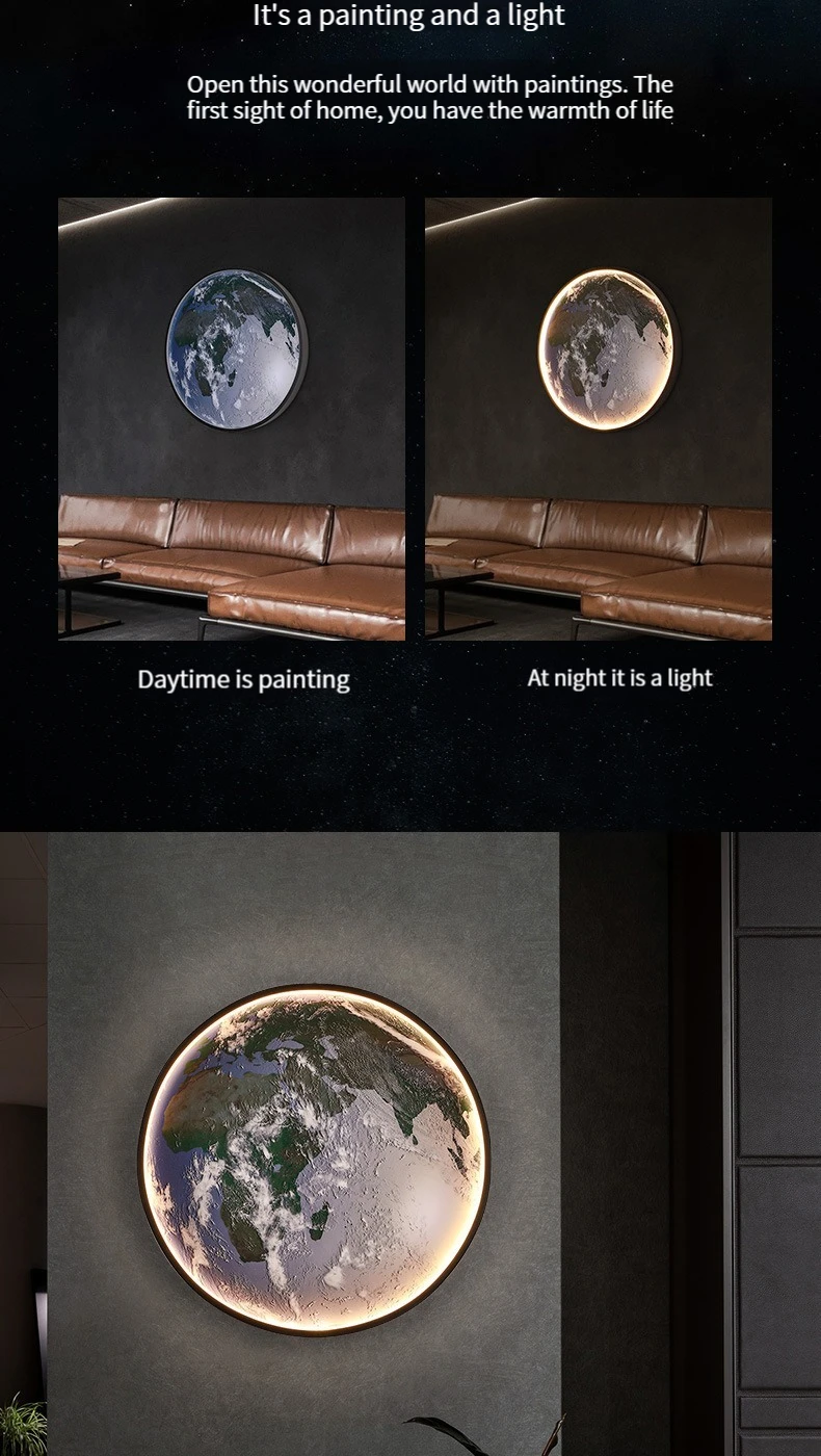 Home decor earth mural LED lamp Modern Moon Wall Sconce Black round Ceiling Light Living Room Bedroom stair aisle Mood Luminaire