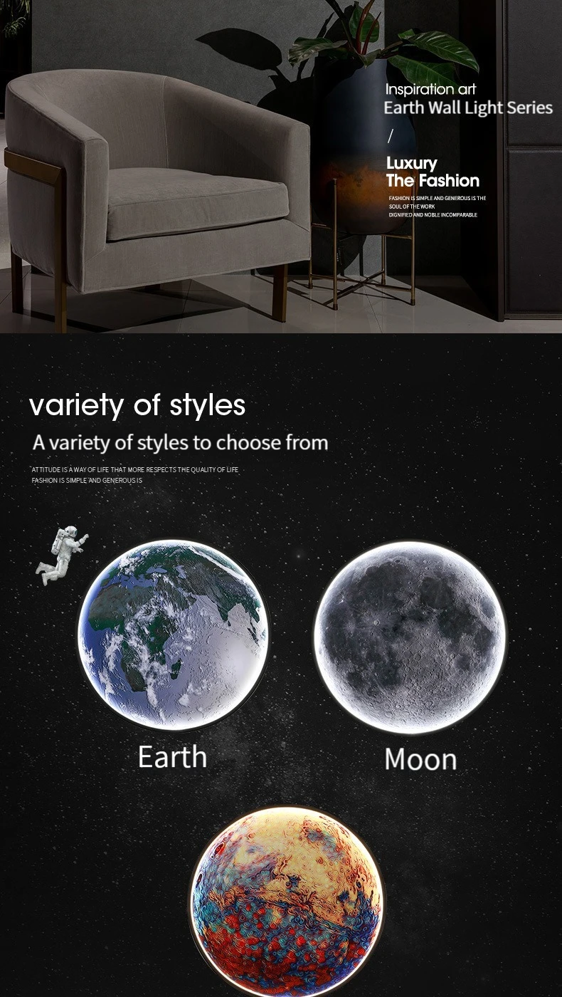 Home decor earth mural LED lamp Modern Moon Wall Sconce Black round Ceiling Light Living Room Bedroom stair aisle Mood Luminaire
