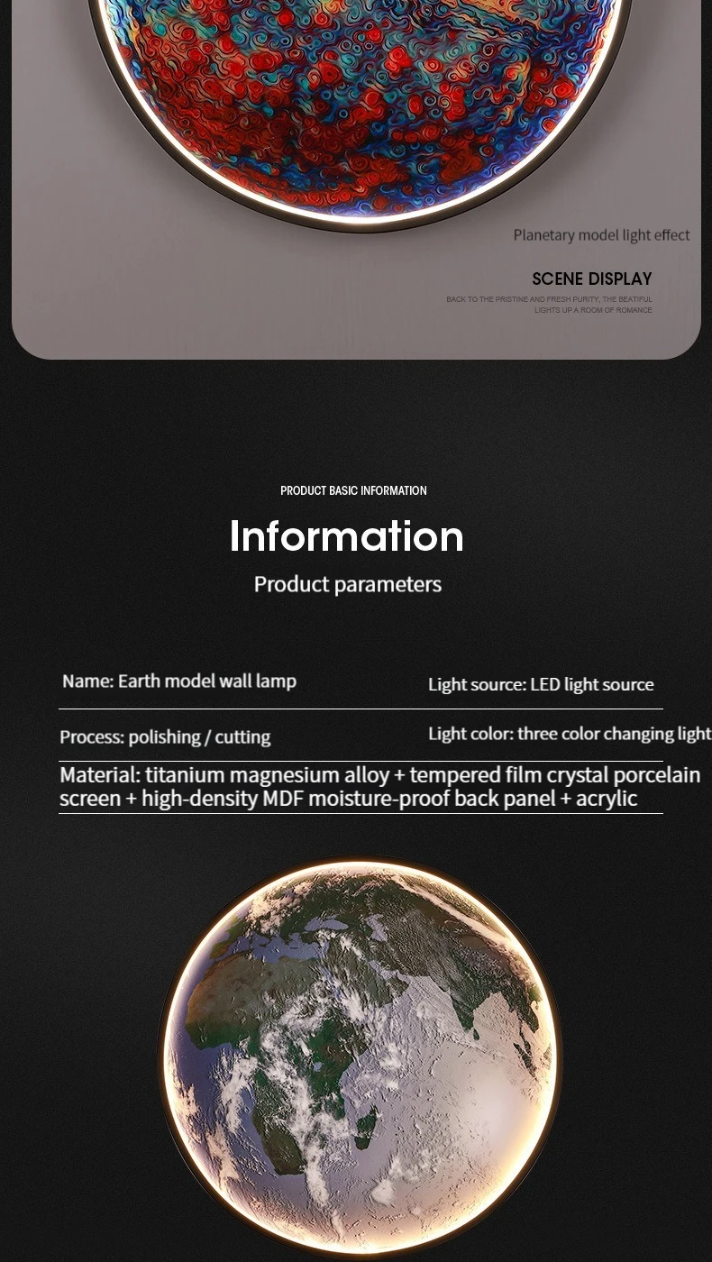 Home decor earth mural LED lamp Modern Moon Wall Sconce Black round Ceiling Light Living Room Bedroom stair aisle Mood Luminaire