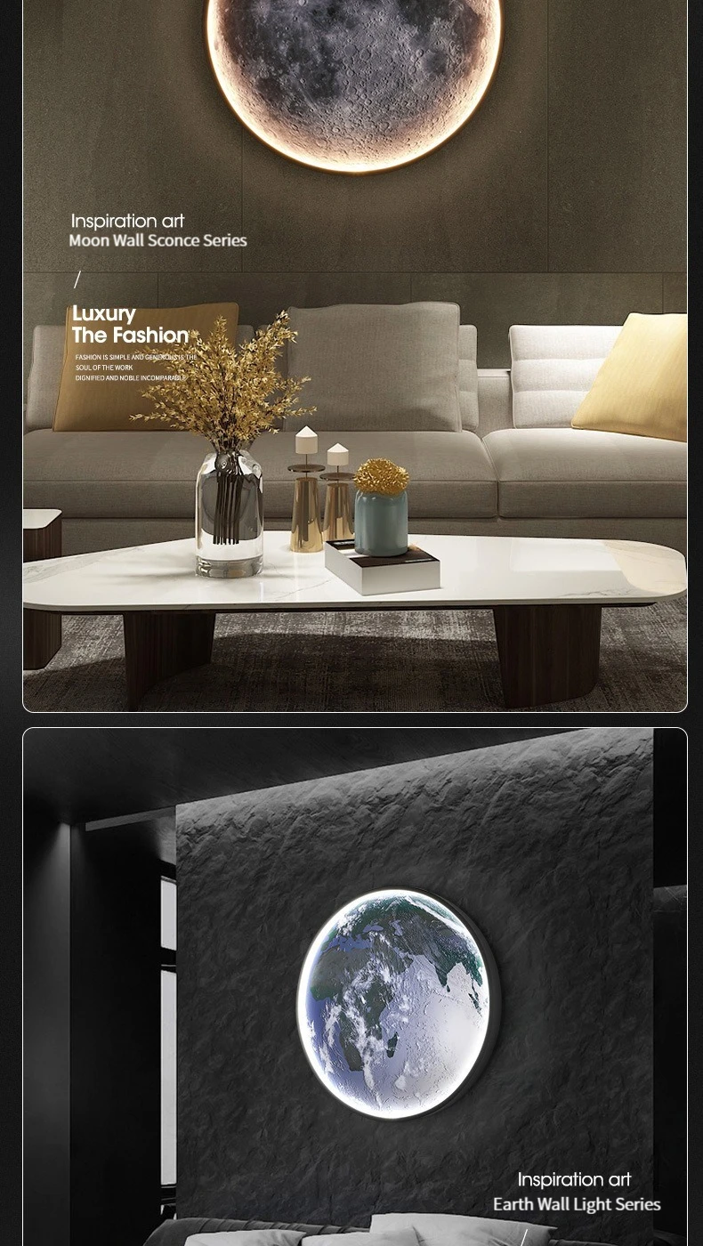 Home decor earth mural LED lamp Modern Moon Wall Sconce Black round Ceiling Light Living Room Bedroom stair aisle Mood Luminaire