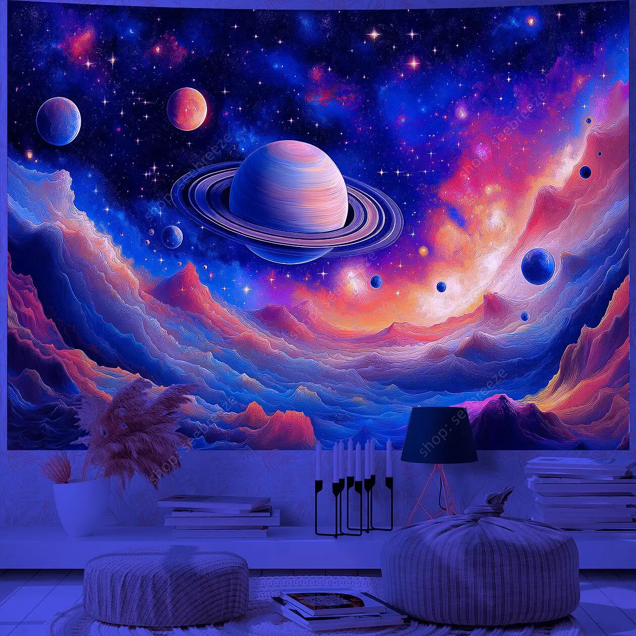 Planet UV Reactive Tapestry Galaxy Space Tapestry for Hippie Room Decor Aesthetic Psychedelic Home Wall Decor Boho Ceiling Decor