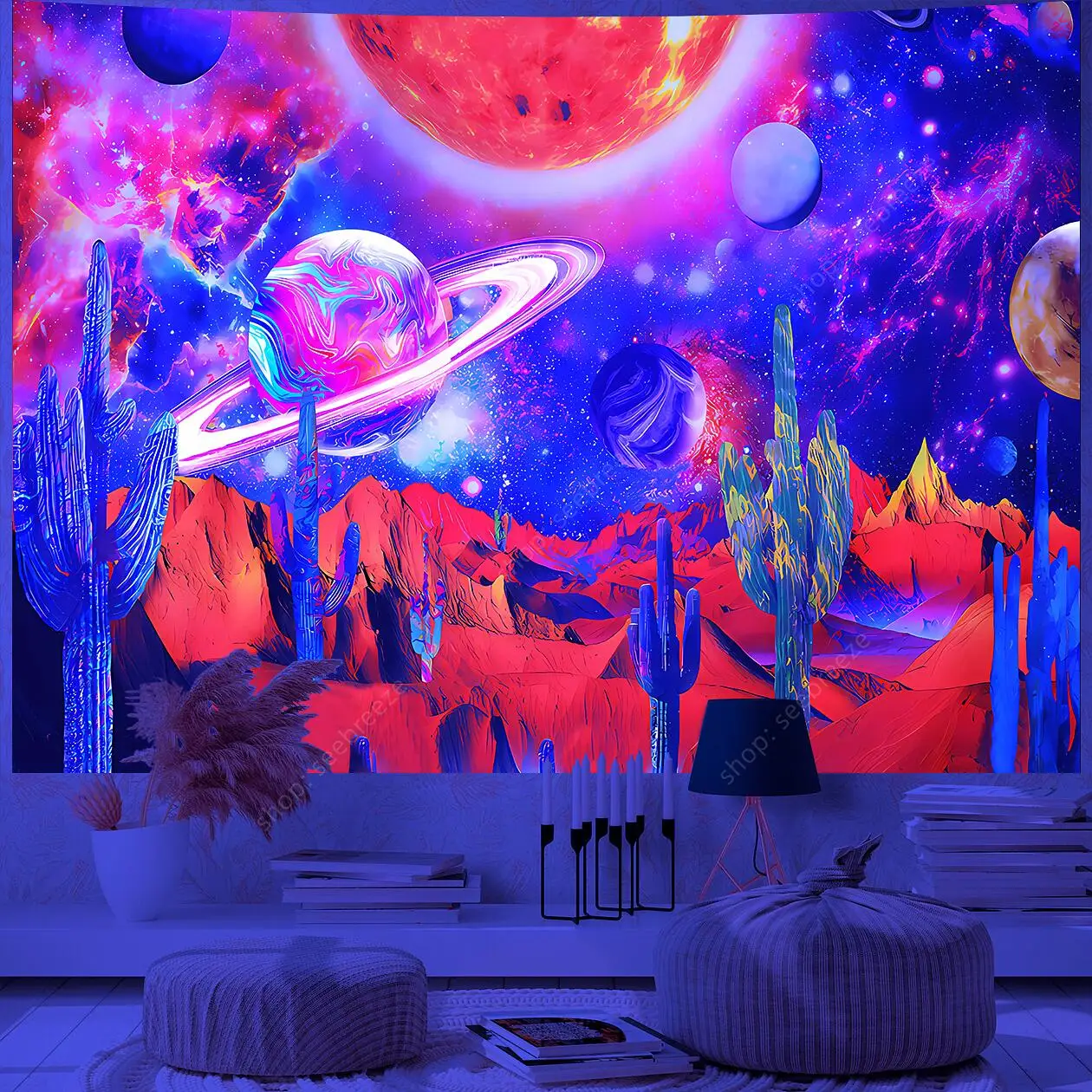 Planet UV Reactive Tapestry Galaxy Space Tapestry for Hippie Room Decor Aesthetic Psychedelic Home Wall Decor Boho Ceiling Decor