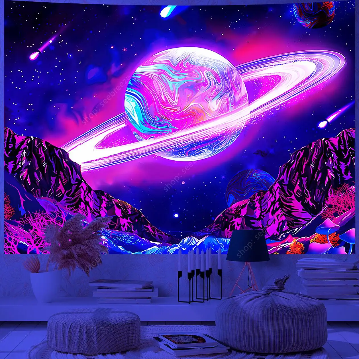 Planet UV Reactive Tapestry Galaxy Space Tapestry for Hippie Room Decor Aesthetic Psychedelic Home Wall Decor Boho Ceiling Decor