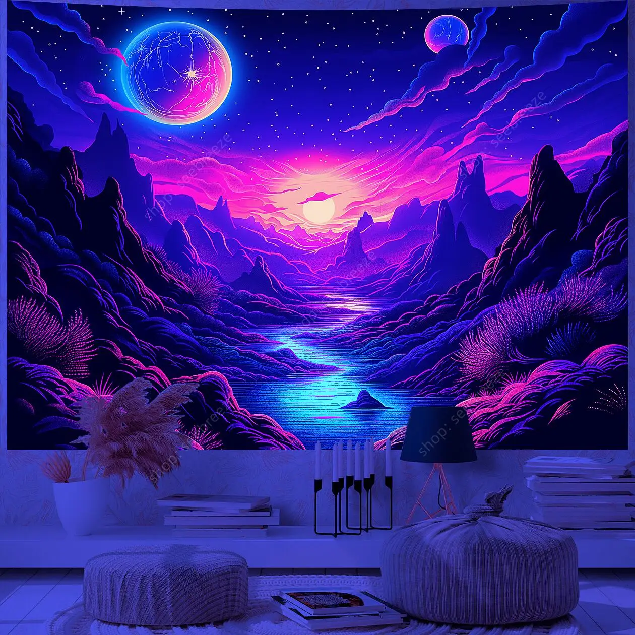 Planet UV Reactive Tapestry Galaxy Space Tapestry for Hippie Room Decor Aesthetic Psychedelic Home Wall Decor Boho Ceiling Decor